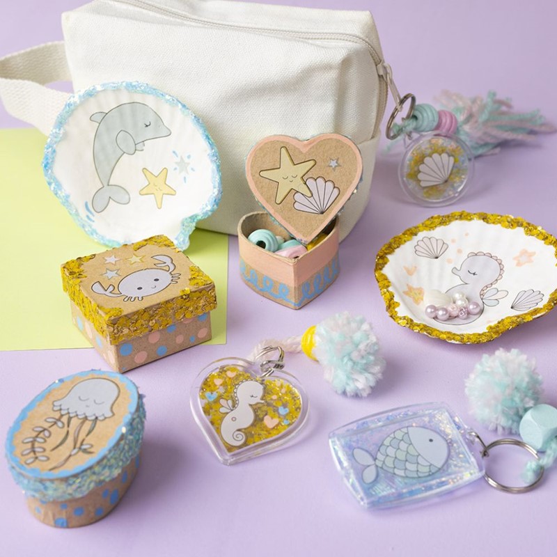 Oceaan sleutelhangers, schelpen en dozen met Glitter Clay