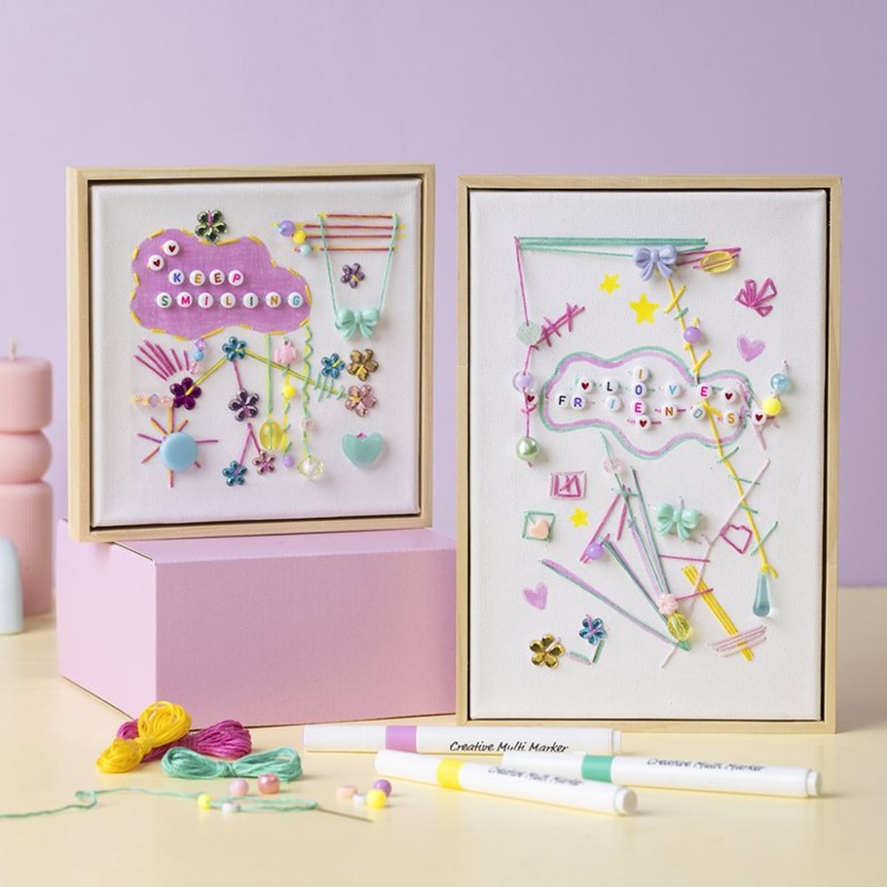 Fantasierijk borduursel op canvas met letterkralen