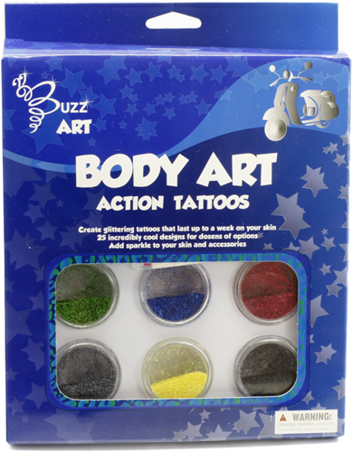 Buzz Glittertattoos 6 kleuren glitter met designs