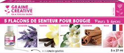 PACK OF 5 X 27 ML BOTTLES OF CANDLE SCENTS + DROP COUNTER - FLOWER AND SPICE 