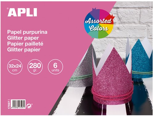 Apli Glitterpapier - 32x24 cm - 280 gr - 6 vel