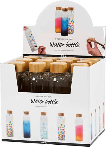 Display met 12 Waterflessen van glas in Display
