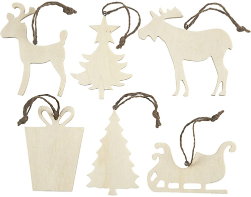 CC Houten Kerst Ornamenten 6 stuks