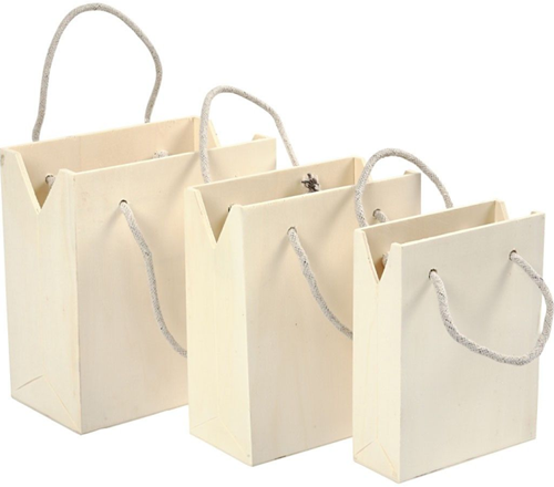 CC Houten Tas met Hengsel 3 stuks h: 12-16 c, d: 5-9 cm b 16-18cm 