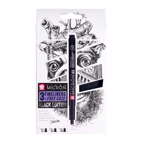 Sakura Pigma Micron Black Edition Set 3 stuks + Gratis Etui