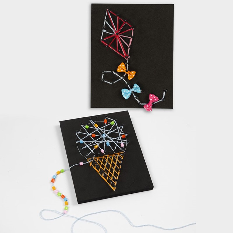 String art maken met garen en spelden op foam met Nabbi strijkkralen